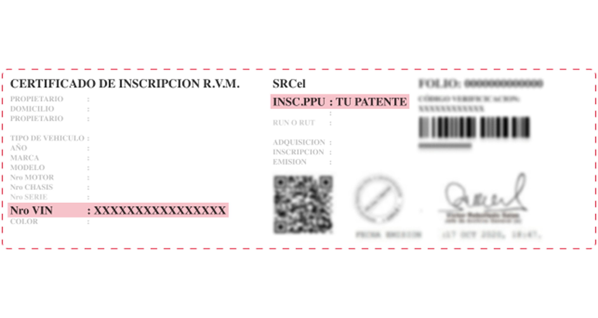 Certificado de inscripción del vehículo con campos resaltados